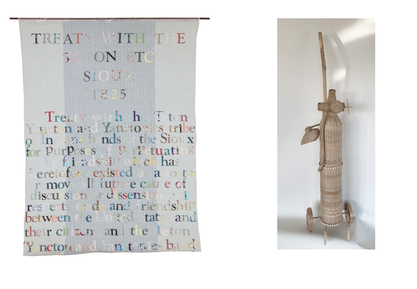 This is an image of two works of art by Gina Adams and Merritt Johnson - one is a textile and the other a sculpture